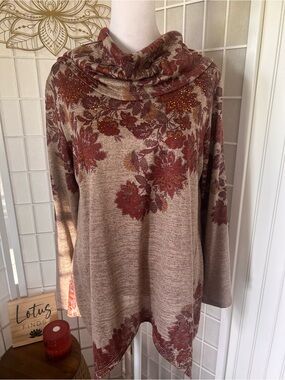 One World Embellished Floral Cowl-Neck Sharkbite Tunic Large